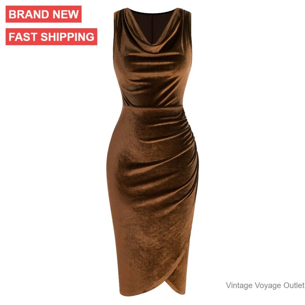 Sleeveless Ruched Bodycon Velvet Cocktail Dress Midi Wedding Guest Formal